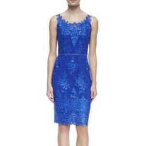 Marchesa Notte Royal Blue Floral Lace Illusion Neckline Cocktail Dress Sz 0